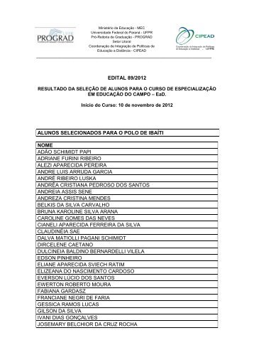 EDITAL 89/2012 ALUNOS SELECIONADOS PARA O ... - CIPEAD