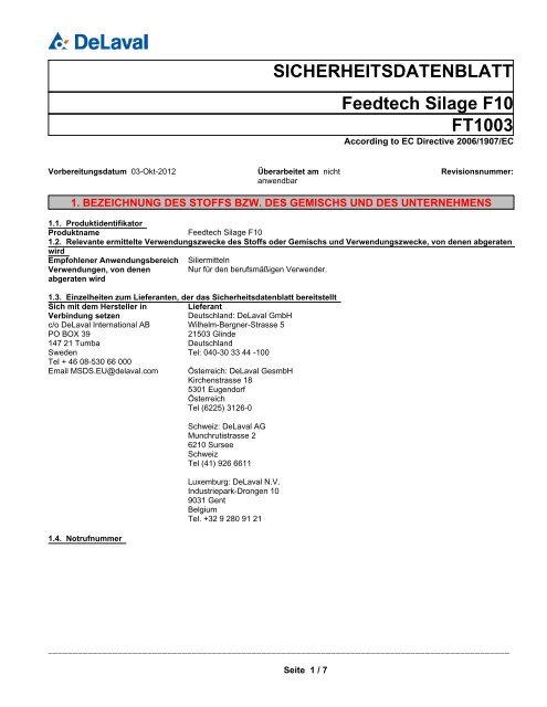 FT1003 Feedtech Silage F10 SICHERHEITSDATENBLATT - DeLaval