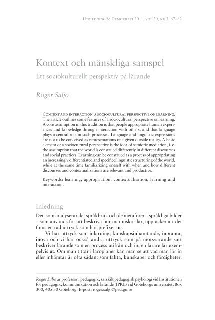 Kontext och mänskliga samspel - Ett sociokulturellt perspektiv på lärande