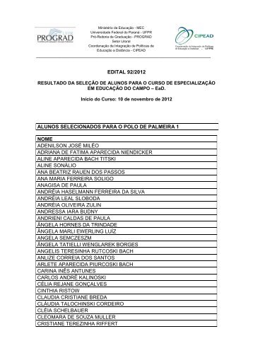 EDITAL 92/2012 ALUNOS SELECIONADOS PARA O ... - CIPEAD