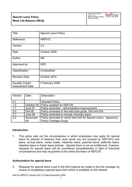 Sgli Example Leave Special Leave Policy Work Life Balance (WLB) Title Special Leave ...