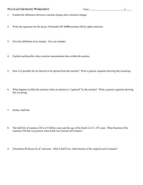nuclear chemistry review worksheet - Avon Chemistry