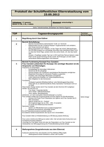 Protokoll der SchulÃ¶ffentlichen Elternratssitzung vom 23.05.2012