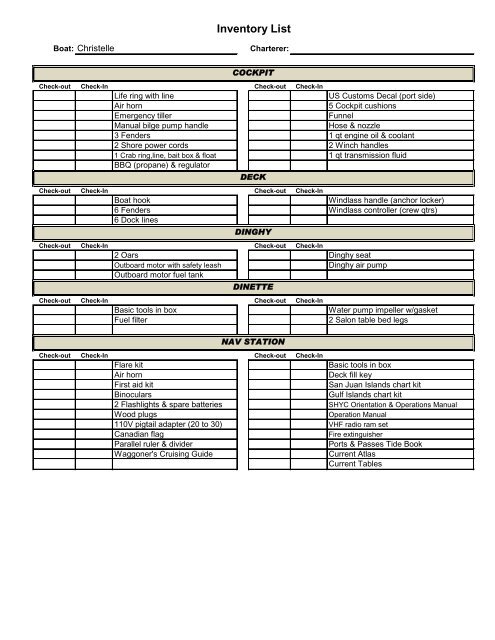 Inventory List - Ship Harbor Yacht Charters