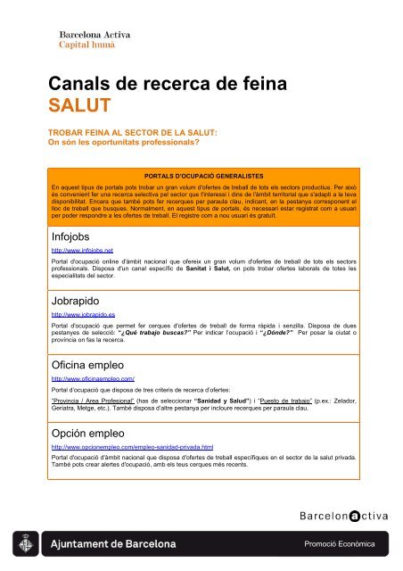 Canals de recerca de feina SALUT - Barcelona Treball - Ajuntament