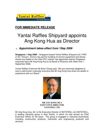 Yantai Raffles Shipyard appoints Ang Kong Hua as Director