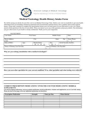 Medical Toxicology Health History Intake Form - American College ...