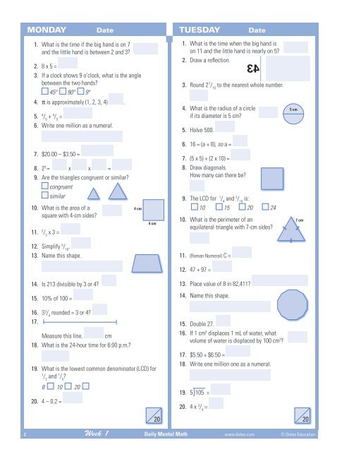 Download pages from Daily Mental Math, Grade 7 - Didax
