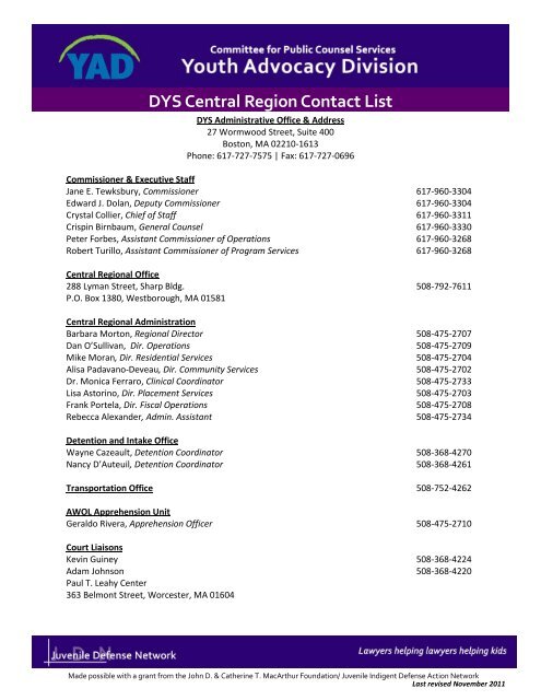 DYS Central Region Contact List - the Youth Advocacy Division