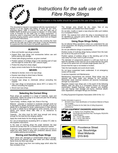 Using Guide Rope For Lifting Instructions for the safe use of: Fibre Rope Slings - Arbil Lifting Gear