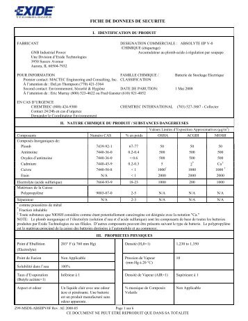 FICHE DE DONNEES DE SECURITE - Exide Technologies