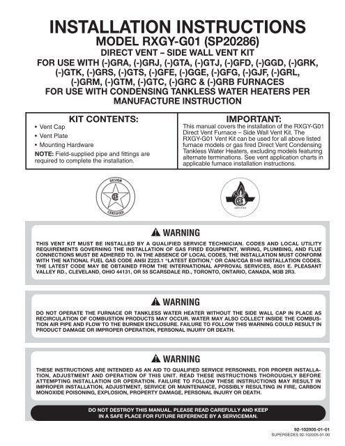 92-102005-01 Rev. 01 RXGY-G01 Direct Vent ... - Rheemote.Net