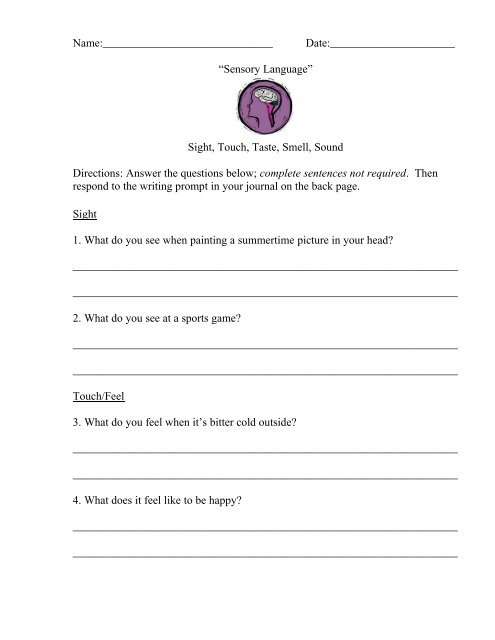 sensory language questions worksheet