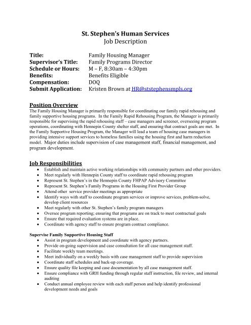 St. Stephen's Human Services Job Description