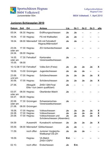 Junioren-Schiessplan 2010 - SportschÃ¼tzen Hegnau