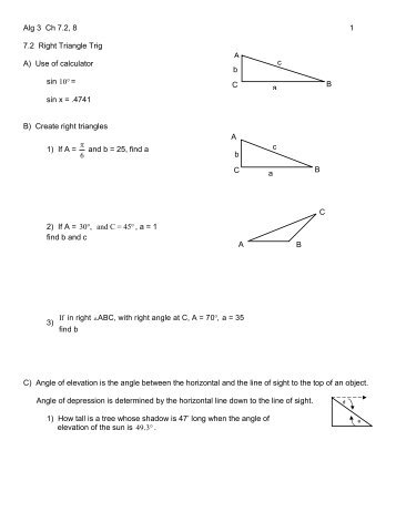 Alg 3 Ch 7.2, 8 1 7.2 Right Triangle Trig A) Use of calculator sin 10 ...