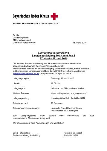 Sanitätsdienstausbildung des BRK-Kreisverbandes Garmisch ...