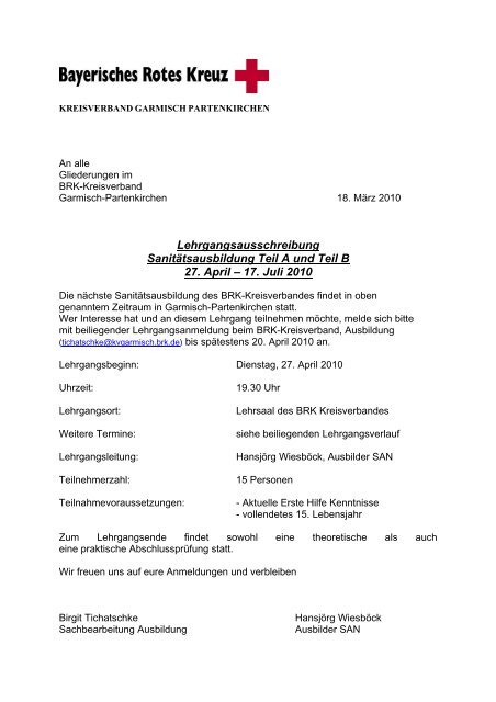 Sanitätsdienstausbildung des BRK-Kreisverbandes Garmisch ...