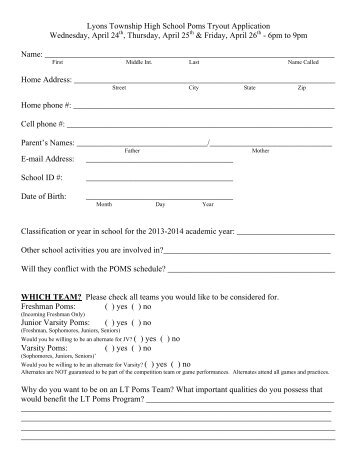 Lyons Township High School Poms Tryout Application Wednesday ...