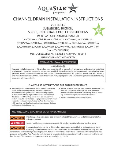 AquaStar 32 Channel Drain with 3 Port Sump/Flat Grate