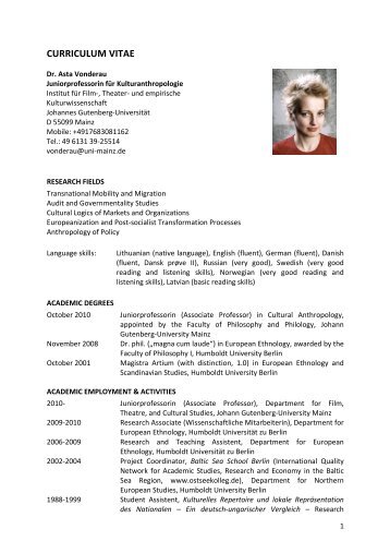 Curriculum Vitae - und empirische Kulturwissenschaft - Johannes ...