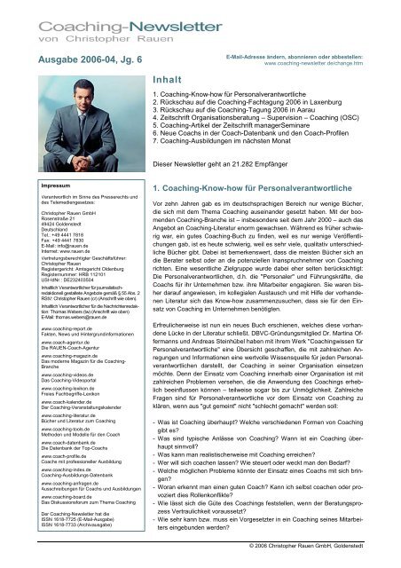 Ausgabe 2006-04, Jg. 6 Inhalt - Coaching-Newsletter