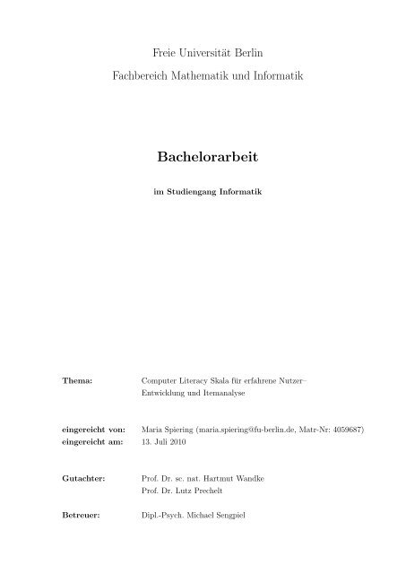 Bachelorarbeit Fachbereich Mathematik Und Informatik Freie