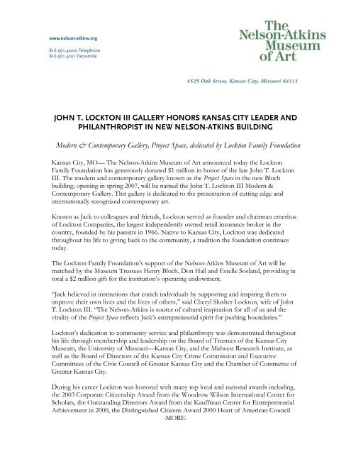 JOHN T. LOCKTON III GALLERY HONORS KANSAS CITY LEADER ...