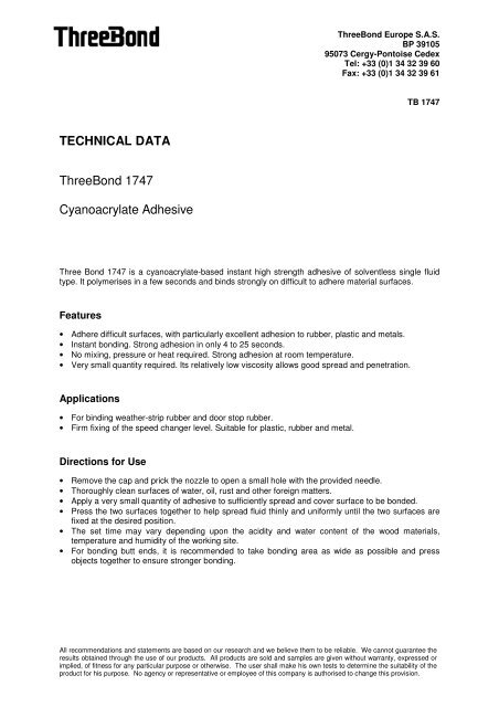 TECHNICAL DATA ThreeBond 1747 Cyanoacrylate Adhesive