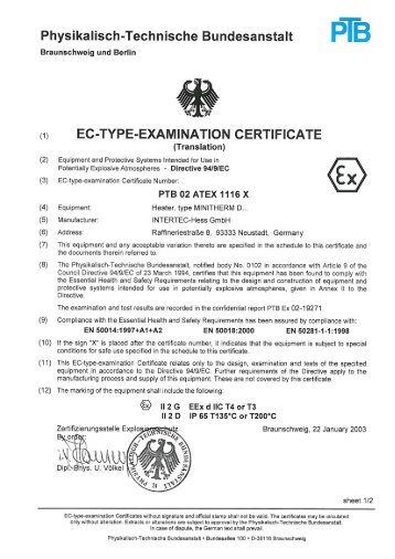 To EC-TYPE-EXAMINATION CERTIFICATE PTB 02 ATEX 1116X