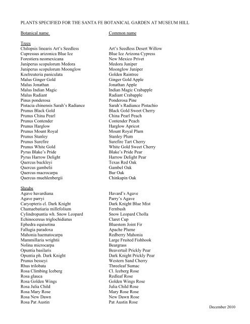 plant list for the Orchard Gardens - Santa Fe Botanical Garden