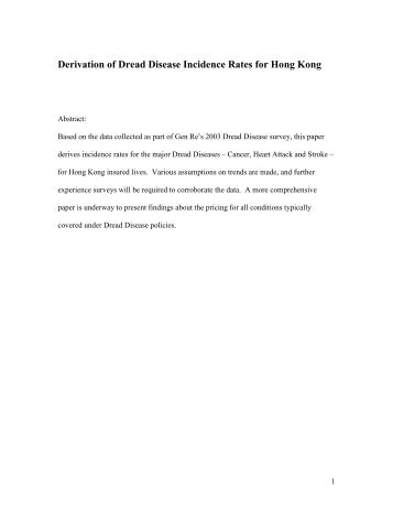 Derivation of Dread Disease Incidence Rates for Hong Kong