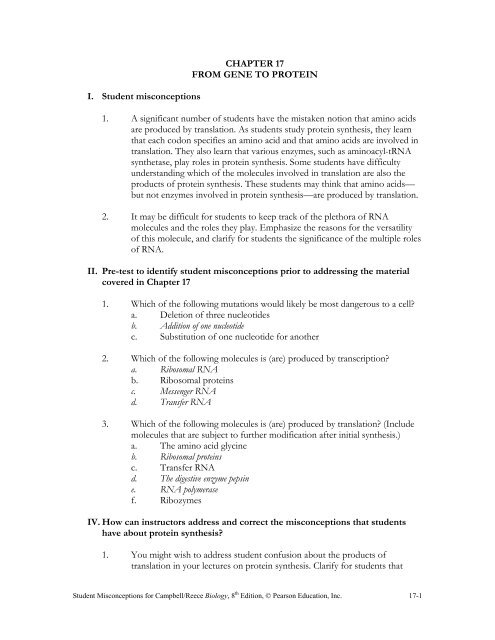 CHAPTER 17 FROM GENE TO PROTEIN I. Student misconceptions ...