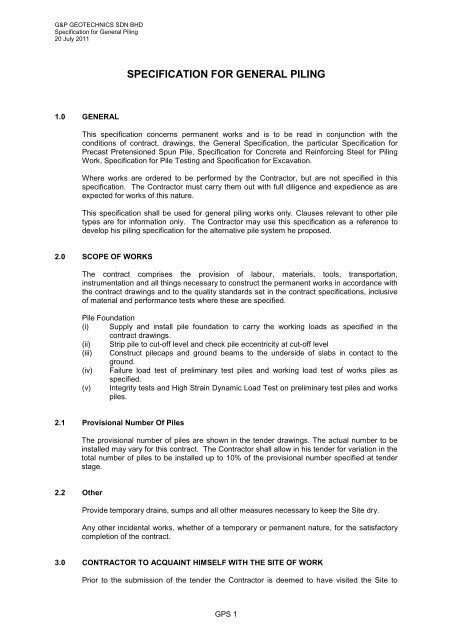 Sp032 Specification For General Piling G P Geotechnics Sdn Bhd