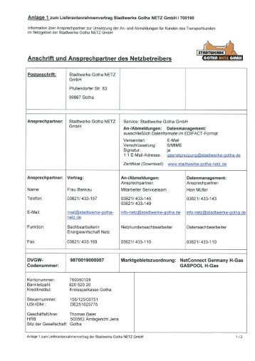 Anschrift und Ansprechpartner des Netzbetreibers - Stadtwerke ...