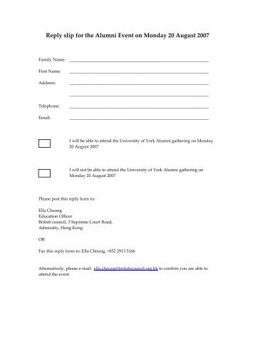 Reply slip for the Alumni Event on Monday 20 ... - Education UK