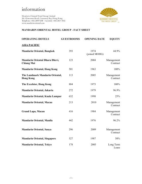 MANDARIN ORIENTAL HOTEL GROUP - FACT SHEET ...