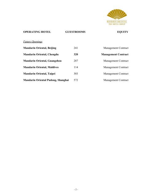 MANDARIN ORIENTAL HOTEL GROUP - FACT SHEET ...