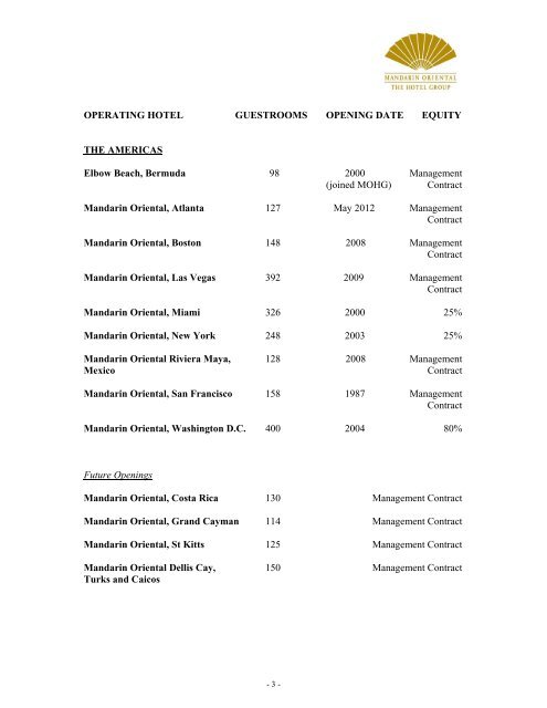 MANDARIN ORIENTAL HOTEL GROUP - FACT SHEET ...