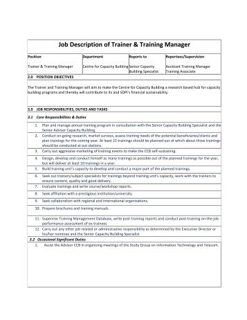 Job Description of Trainer & Training Manager - Sustainable ...