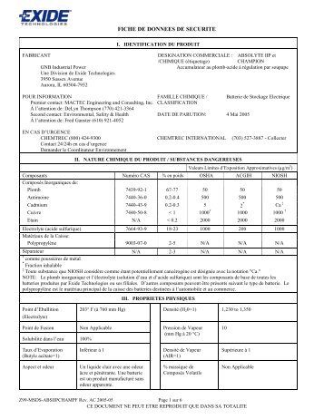 FICHE DE DONNEES DE SECURITE - Exide Technologies