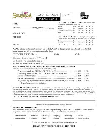 AUDITION FORM PLEASE PRINT! - Lyric Theatre Company