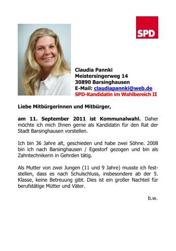 Claudia Pannki Meistersingerweg 14 30890 Barsinghausen E-Mail ...