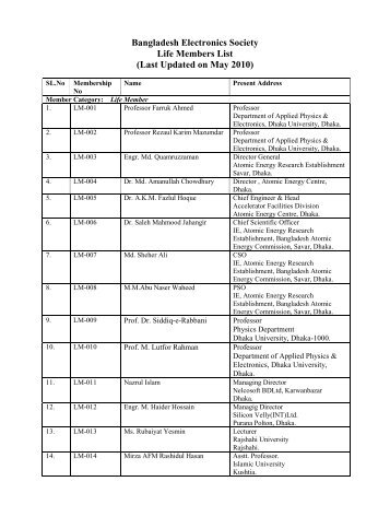 Bangladesh Electronics Society Life Members List