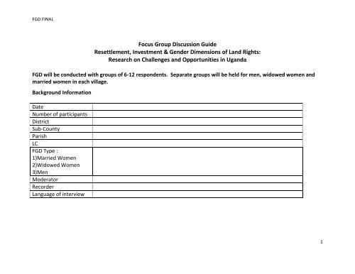 Focus Group Discussion Guide Resettlement, Investment & Gender ...