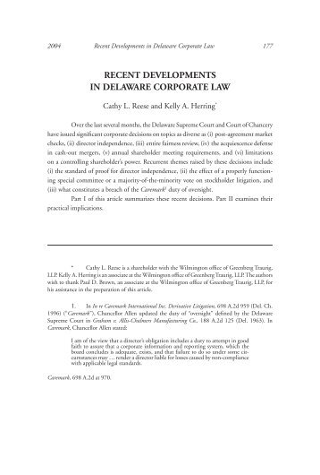 recent developments in delaware corporate law - Greenberg Traurig ...