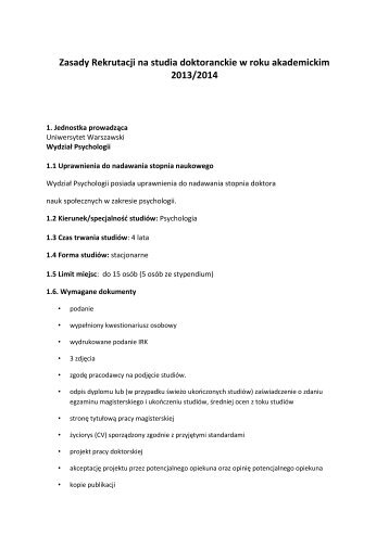 Zasady Rekrutacji na studia doktoranckie w roku akademickim 2013 ...