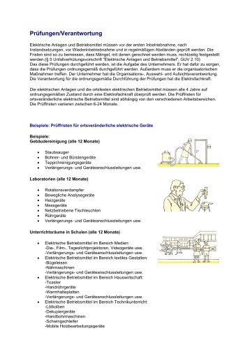 Prüffristen für ortsveränderliche Geräte (Beispiele)