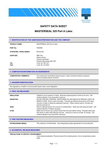 SAFETY DATA SHEET MASTERSEAL 525 Part A ... - Arcon Supplies