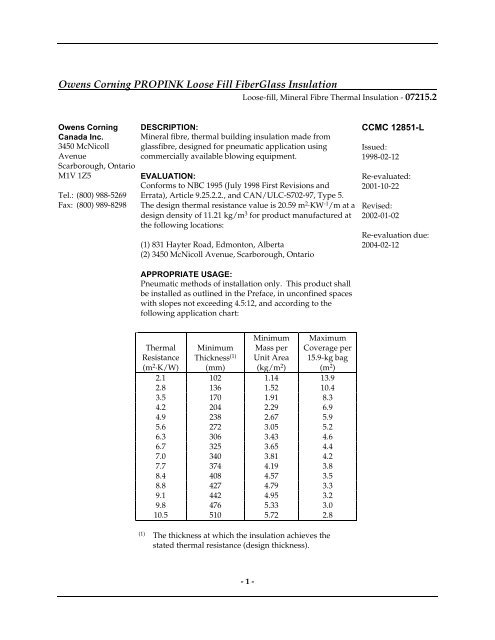 Owens Corning In Insulation Chart